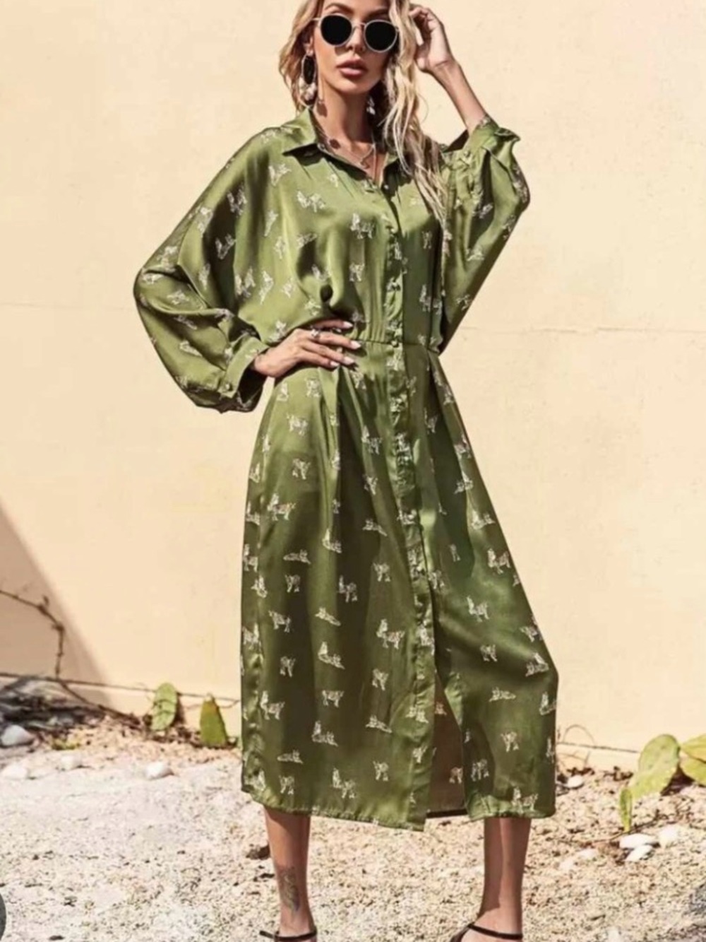 Zara Olive Green Printed Midi Shirt Dress